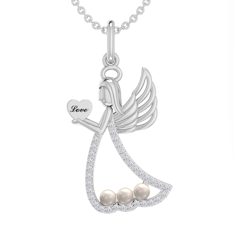 Main Image 1 of Freshwater Cultured Pearl and 1/20 CT. T.W. Diamond Etched &quot;Love&quot; Heart Guardian Angel Pendant in Sterling Silver