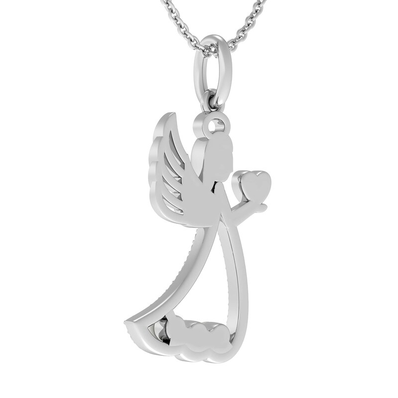 Main Image 2 of Freshwater Cultured Pearl and 1/20 CT. T.W. Diamond Etched &quot;Love&quot; Heart Guardian Angel Pendant in Sterling Silver