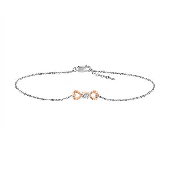 Diamond Accent Solitaire Double Heart Anklet in Sterling Silver and 10K Rose Gold – 10"