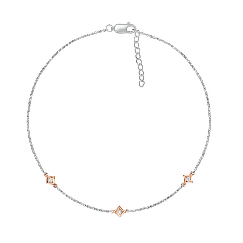 1/20 CT. T.W. Diamond Triple Tilted Square Frame Anklet in Sterling Silver with 14K Rose Gold Plate – 10"