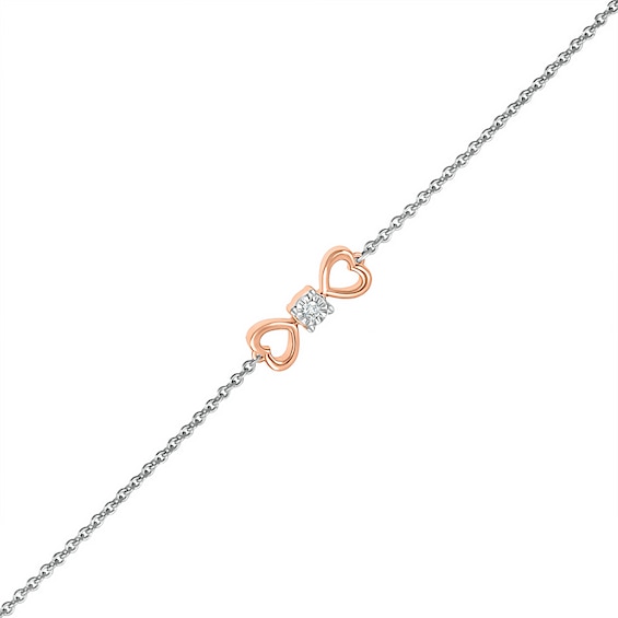 Diamond Accent Solitaire Double Heart Anklet in Sterling Silver and 10K Rose Gold â 10"