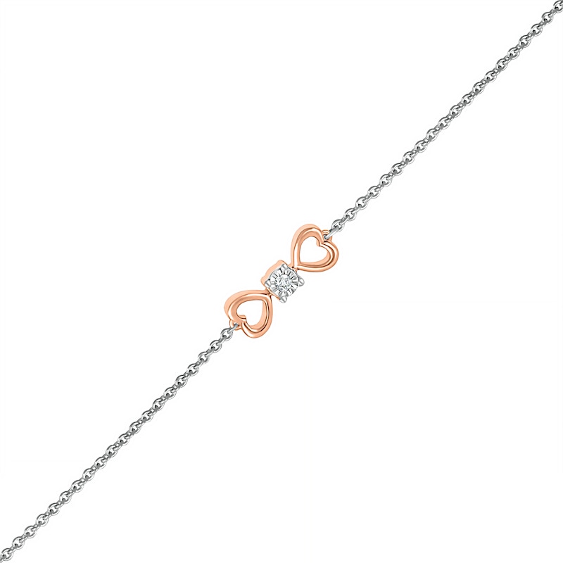 Diamond Accent Solitaire Double Heart Anklet in Sterling Silver and 10K Rose Gold – 10"