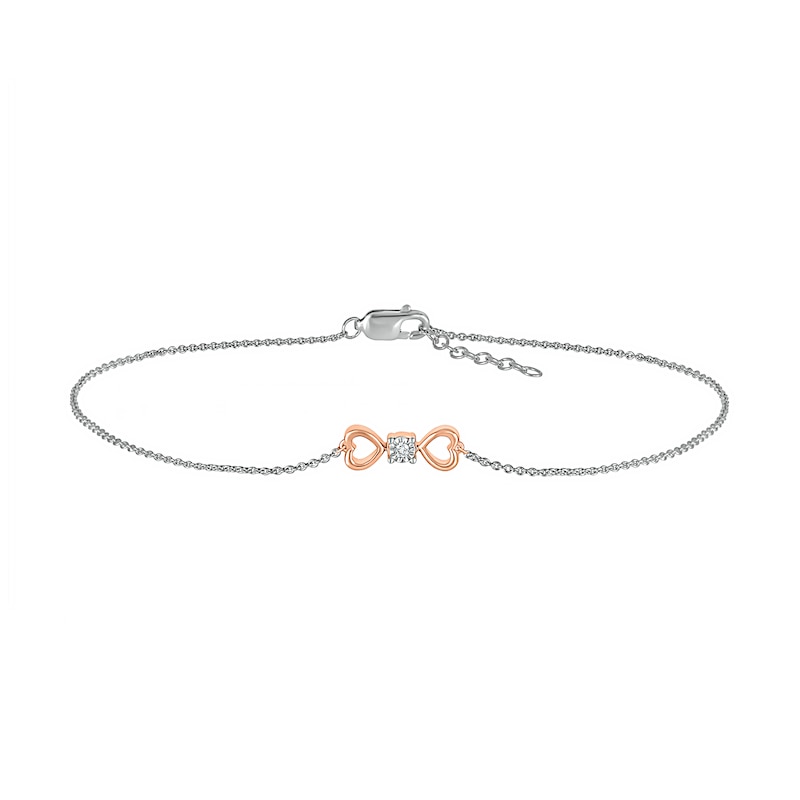 Diamond Accent Solitaire Double Heart Anklet in Sterling Silver and 10K Rose Gold – 10"