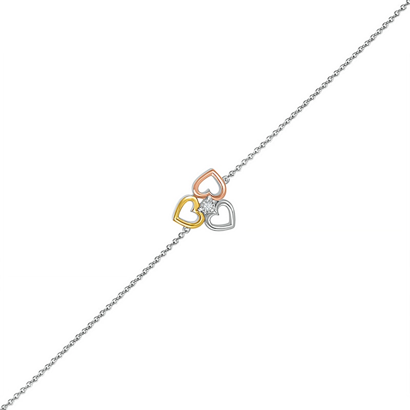 Diamond Accent Solitaire Triple Heart Anklet in Sterling Silver and 10K Two-Tone Gold – 10"