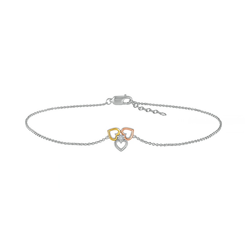 Diamond Accent Solitaire Triple Heart Anklet in Sterling Silver and 10K Two-Tone Gold – 10"