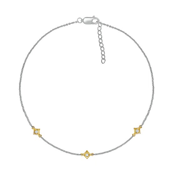 1/20 CT. T.w. Diamond Triple Tilted Square Frame Anklet in Sterling Silver with 14K Gold Plate – 10"