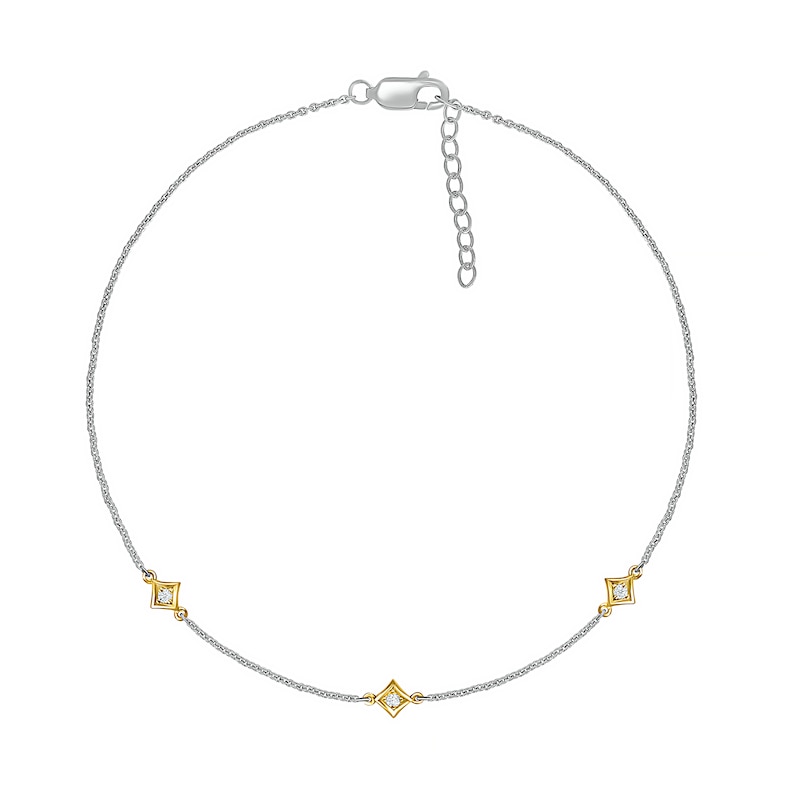 1/20 CT. T.W. Diamond Triple Tilted Square Frame Anklet in Sterling Silver with 14K Gold Plate – 10"