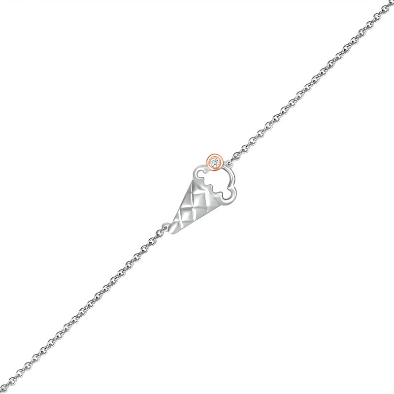 Diamond Accent Solitaire Ice Cream Cone Anklet in Sterling Silver and 10K Rose Gold – 10"