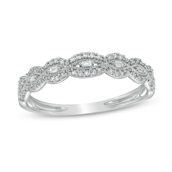 1/15 CT. T.w. Baguette and Round Diamond Vintage-Style Stackable Anniversary Band in 10K White Gold