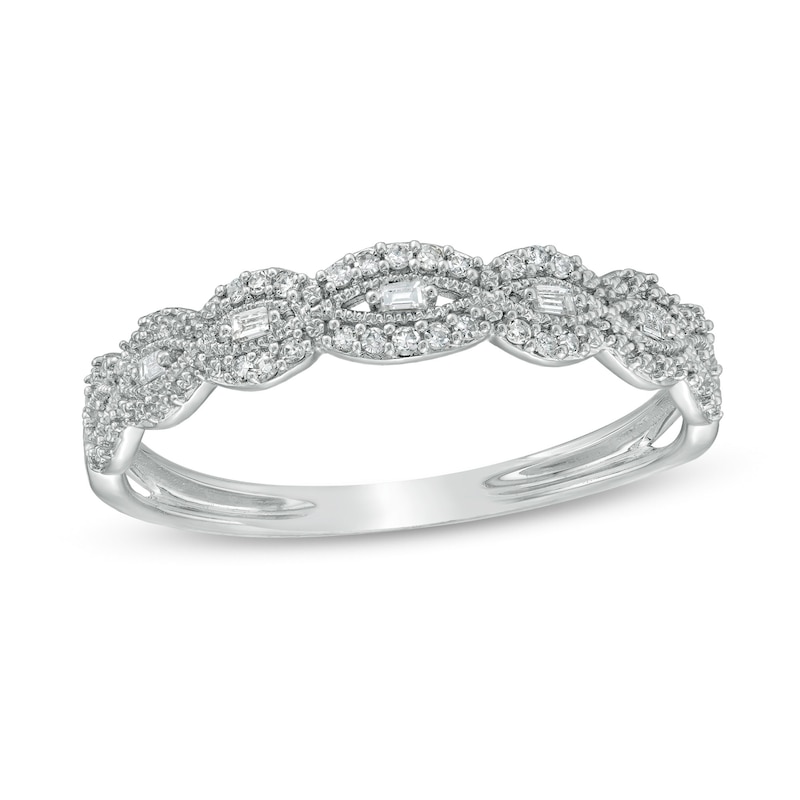 Main Image 1 of 1/15 CT. T.W. Baguette and Round Diamond Vintage-Style Stackable Anniversary Band in 10K White Gold