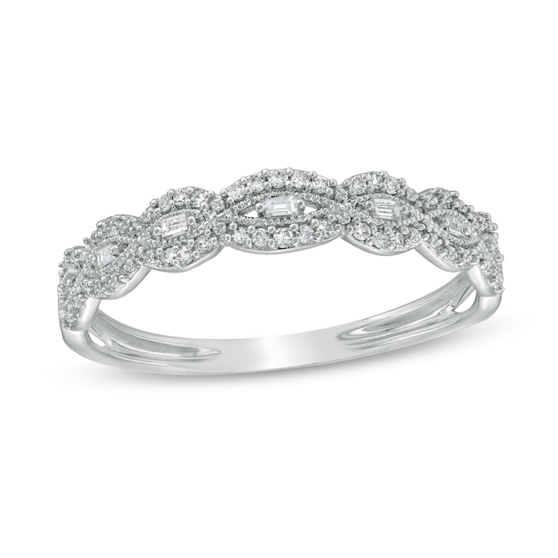 1/15 CT. T.W. Baguette and Round Diamond Vintage-Style Stackable Anniversary Band in 10K White Gold