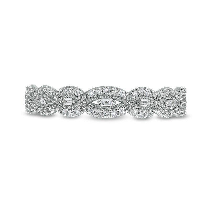 Main Image 4 of 1/15 CT. T.W. Baguette and Round Diamond Vintage-Style Stackable Anniversary Band in 10K White Gold