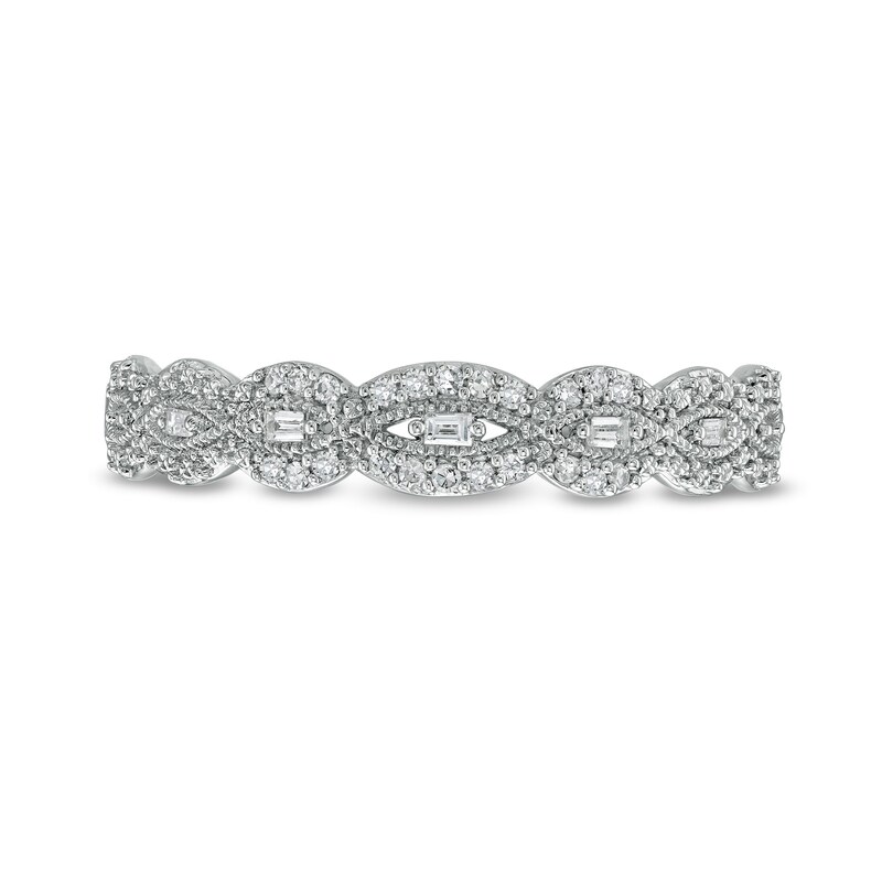 1/15 CT. T.W. Baguette and Round Diamond Vintage-Style Stackable Anniversary Band in 10K White Gold