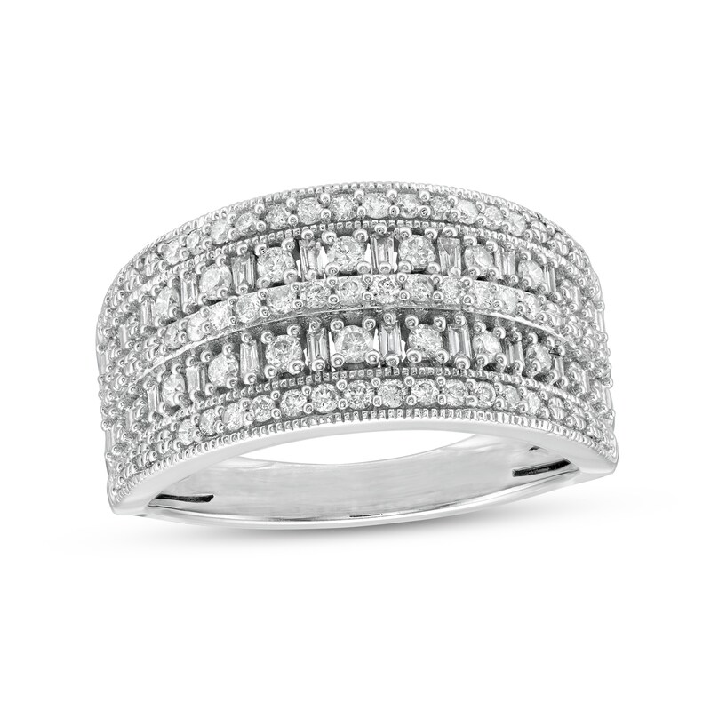 Main Image 1 of 1/2 CT. T.W. Baguette and Round Diamond Vintage-Style Multi-Row Anniversary Band in 10K White Gold