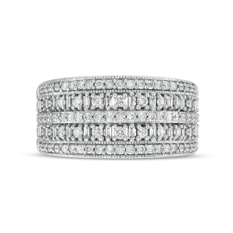 Main Image 4 of 1/2 CT. T.W. Baguette and Round Diamond Vintage-Style Multi-Row Anniversary Band in 10K White Gold
