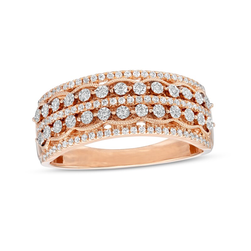 Main Image 1 of 1/4 CT. T.W. Diamond Vintage-Style Multi-Row Anniversary Band in 10K Rose Gold