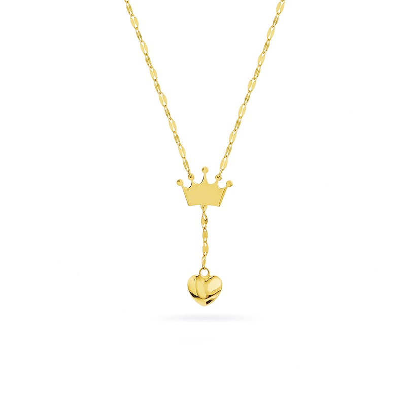 Main Image 1 of Child's Crown and Puff Heart Drop "Y" Necklace in 14K Gold - 15"