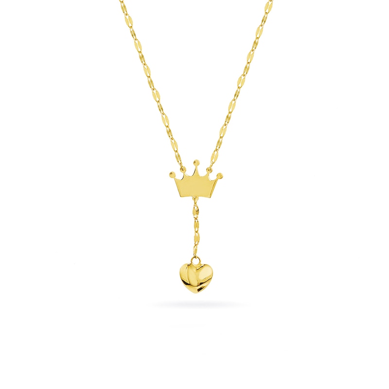 Child's Crown and Puff Heart Drop "Y" Necklace in 14K Gold - 15"