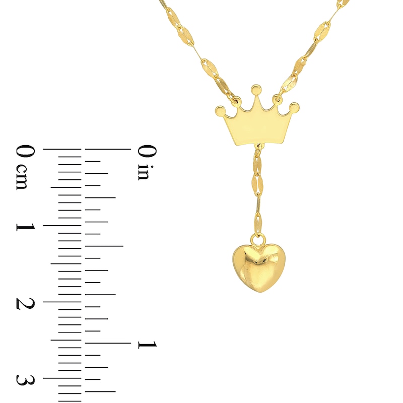 Child's Crown and Puff Heart Drop "Y" Necklace in 14K Gold - 15"