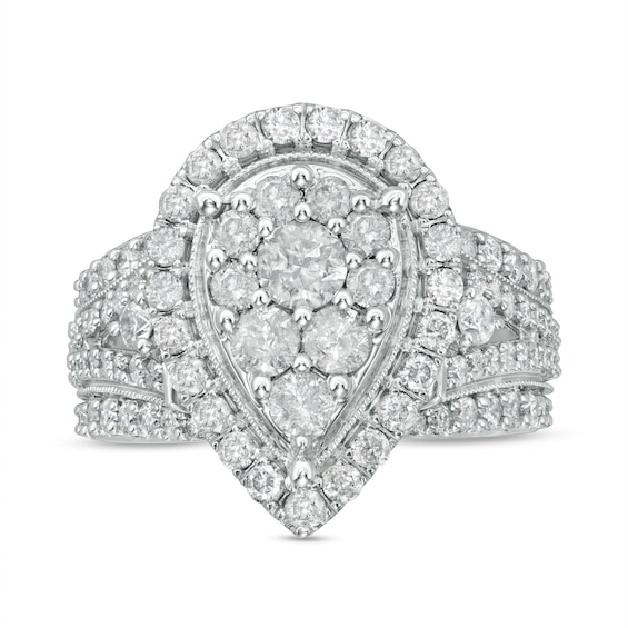 2 CT. T.w. Composite Pear-Shaped Diamond Frame Vintage-Style Split Shank Engagement Ring in 10K White Gold