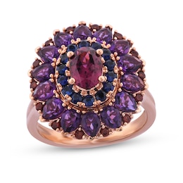 Captivating Color Oval Garnet, Round Blue Sapphire and Pear-Shaped Amethyst Triple Frame Floral Ring in 14K Rose Gold