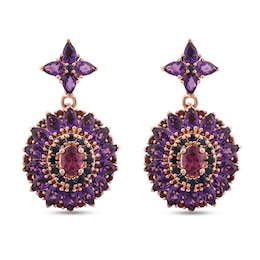 Captivating Color Oval Garnet, Round Blue Sapphire and Pear-Shaped Amethyst Frame Floral Drop Earrings in 14K Rose Gold
