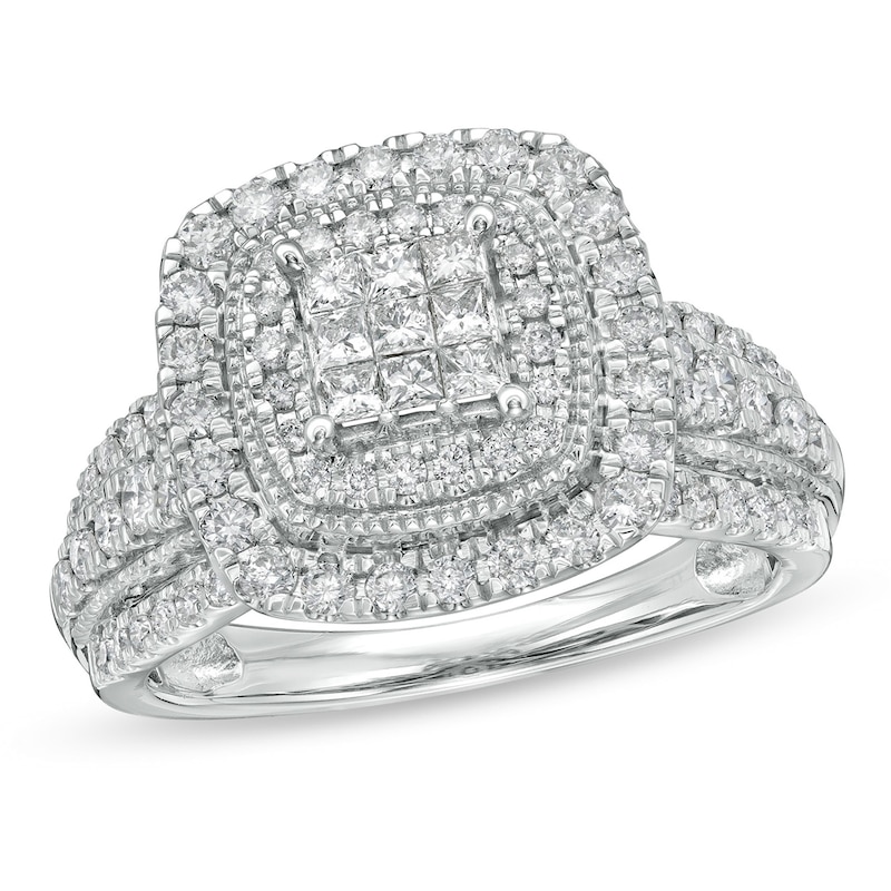 1 CT. T.W. Cushion-Shaped Multi-Diamond Double Frame Vintage-Style Engagement Ring in 10K White Gold