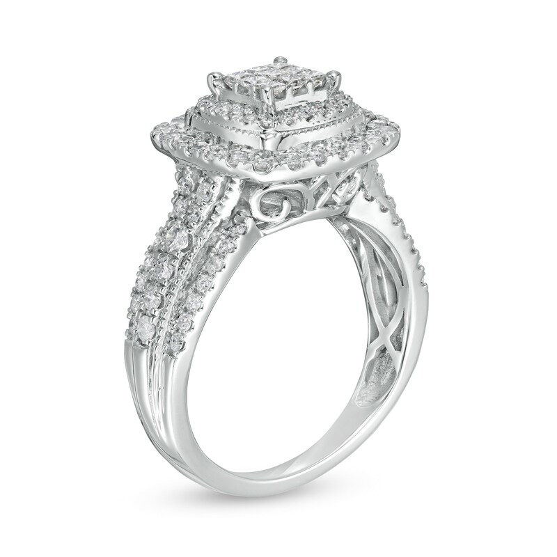 Main Image 3 of 1 CT. T.W. Cushion-Shaped Multi-Diamond Double Frame Vintage-Style Engagement Ring in 10K White Gold