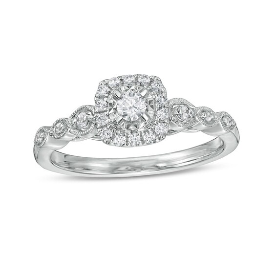 1/4 CT. T.w. Diamond Cushion-Shaped Frame Scallop Edge Engagement Ring in 10K White Gold