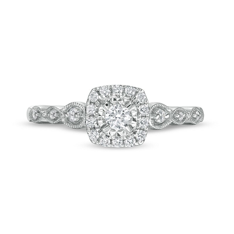 Main Image 4 of 1/4 CT. T.W. Diamond Cushion-Shaped Frame Scallop Edge Engagement Ring in 10K White Gold