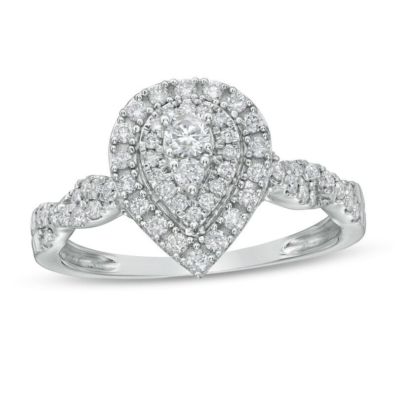 Main Image 1 of 1/2 CT. T.W. Diamond Double Pear-Shaped Frame Twist Shank Engagement Ring in 10K White Gold