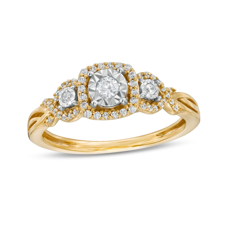 1/4 CT. T.W. Diamond Past Present Future® Cushion-Shaped Frame Twist Shank Engagement Ring in 10K Gold