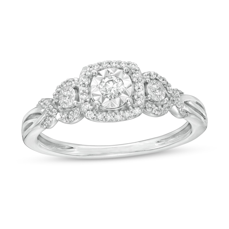Main Image 1 of 1/4 CT. T.W. Diamond Past Present Future® Cushion-Shaped Frame Twist Shank Engagement Ring in 10K White Gold