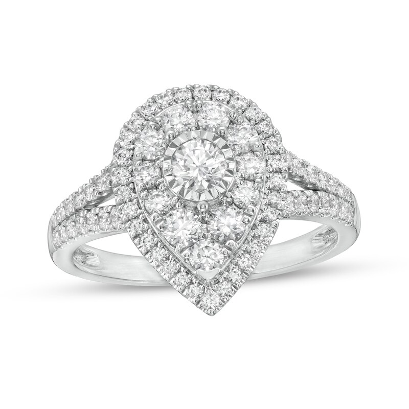 1 CT. T.W. Diamond Double Teardrop-Shaped Frame Vintage-Style Engagement Ring in 10K White Gold