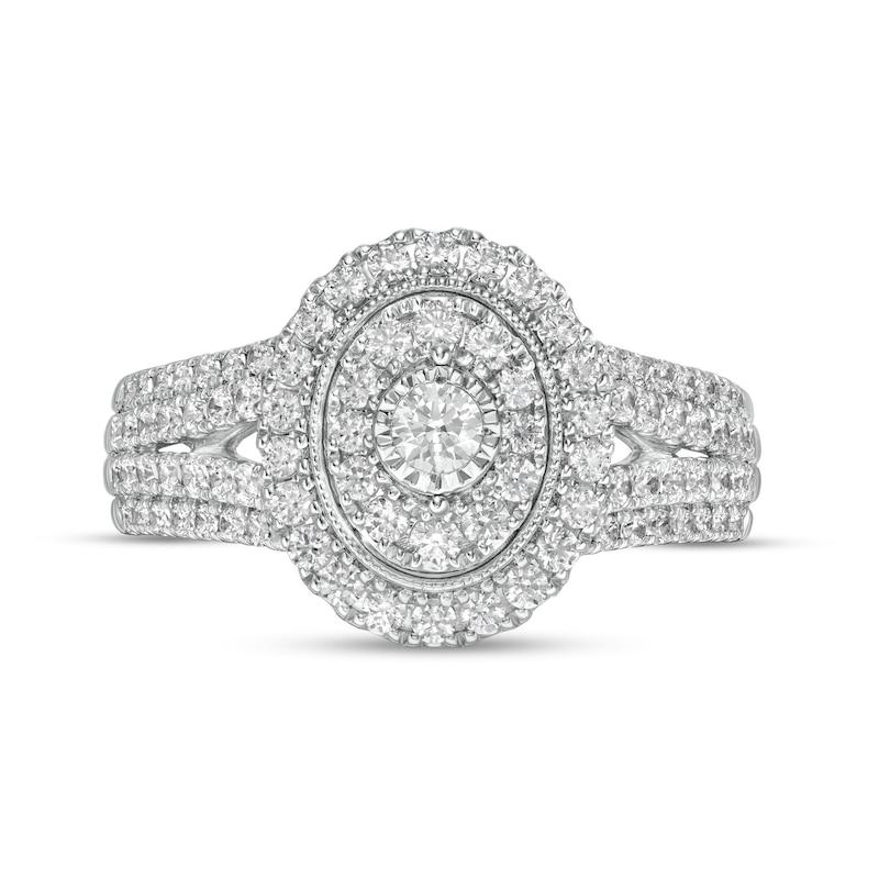 Main Image 4 of 1 CT. T.W. Diamond Double Oval Frame Vintage-Style Split Shank Engagement Ring in 10K White Gold