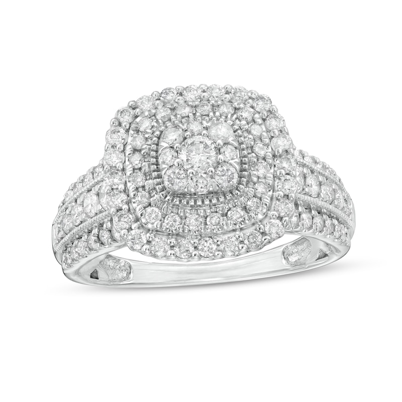 Main Image 1 of 1 CT. T.W. Diamond Triple Cushion-Shaped Frame Vintage-Style Engagement Ring in 10K White Gold