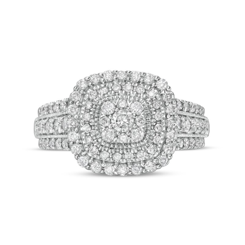 Main Image 4 of 1 CT. T.W. Diamond Triple Cushion-Shaped Frame Vintage-Style Engagement Ring in 10K White Gold