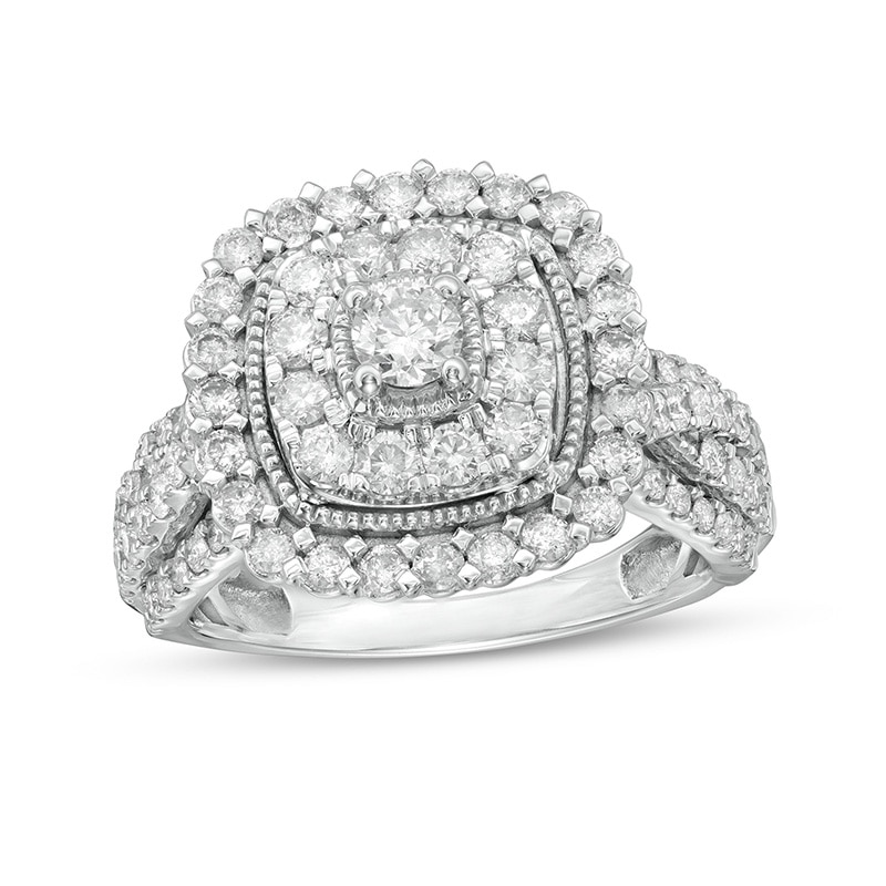 Main Image 1 of 1-1/2 CT. T.W. Diamond Double Cushion-Shaped Frame Vintage-Style Engagement Ring in 10K White Gold