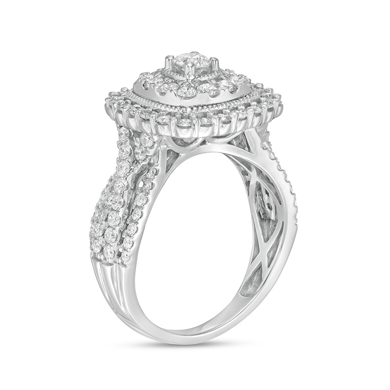 Main Image 3 of 1-1/2 CT. T.W. Diamond Double Cushion-Shaped Frame Vintage-Style Engagement Ring in 10K White Gold