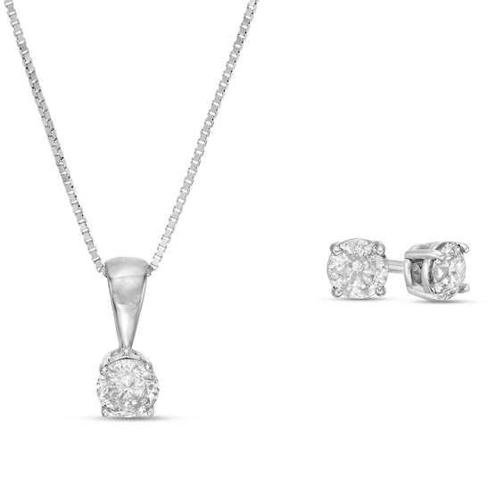 1/2 CT. T.w. Diamond Solitaire Pendant and Stud Earrings Set in 10K White Gold (I/I3)