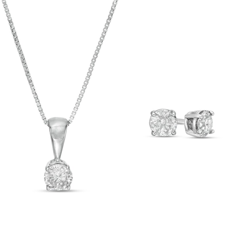 Main Image 1 of 1/2 CT. T.W. Diamond Solitaire Pendant and Stud Earrings Set in 10K White Gold (I/I3)