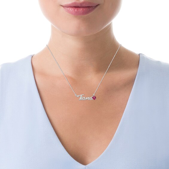 Heart-Shaped Simulated Birthstone Script Name Necklace in Sterling Silver (1 Stone and Line)