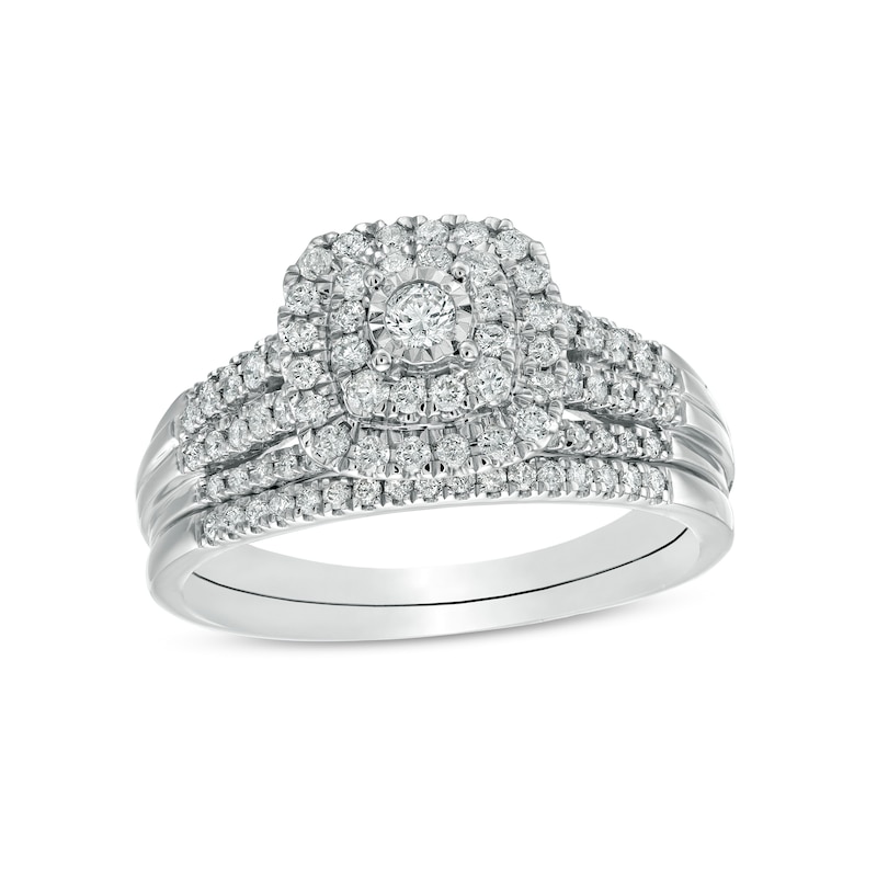 Main Image 1 of 1/2 CT. T.W. Diamond Double Cushion-Shaped Multi-Row Bridal Set in 10K White Gold