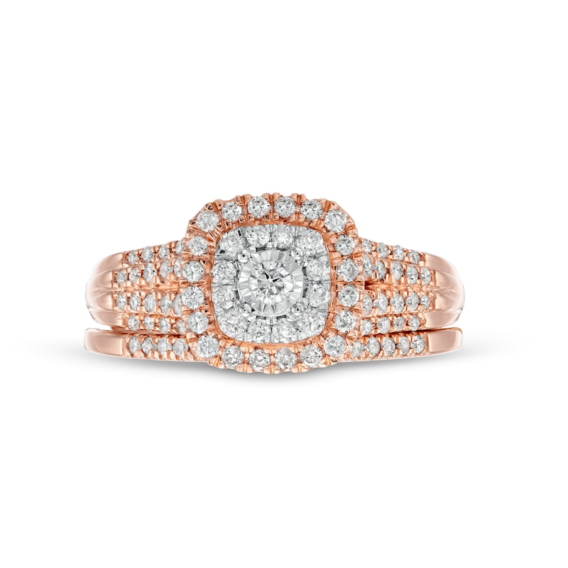 Main Image 3 of 1/2 CT. T.W. Diamond Double Cushion-Shaped Multi-Row Bridal Set in 10K Rose Gold