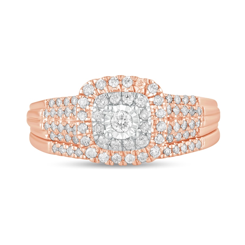 Main Image 4 of 1/2 CT. T.W. Diamond Double Cushion-Shaped Multi-Row Bridal Set in 10K Rose Gold