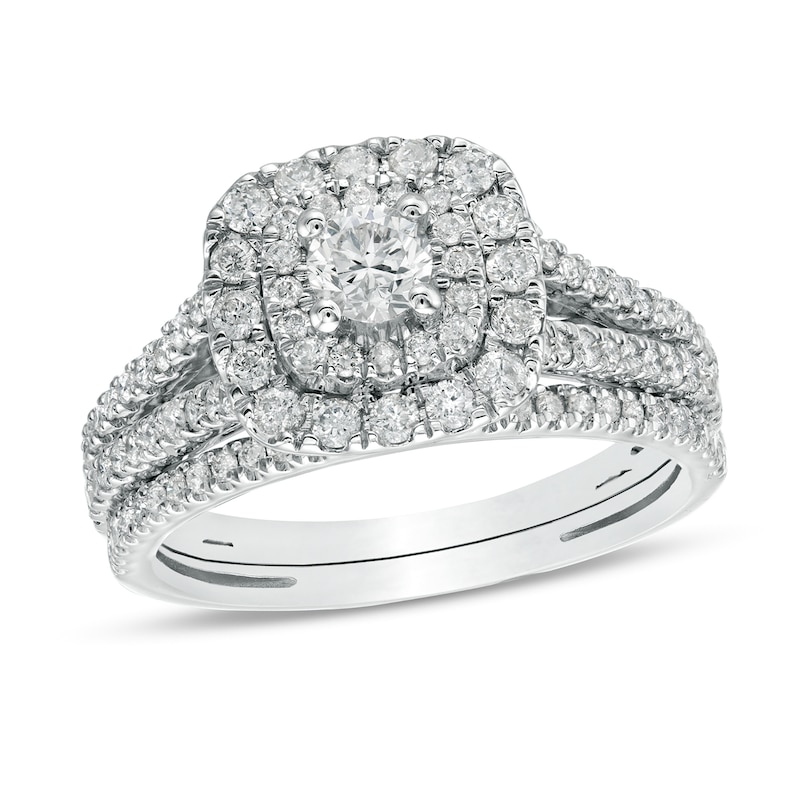 Main Image 1 of 1 CT. T.W. Diamond Double Cushion-Shaped Frame Multi-Row Bridal Set in 10K White Gold