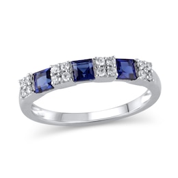 Princess-Cut Blue Sapphire and 1/6 CT. T.W. Diamond Quad Three Stone Alternating Ring in 10K White Gold