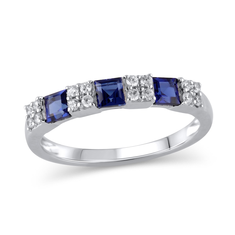 Main Image 1 of Princess-Cut Blue Sapphire and 1/6 CT. T.W. Diamond Quad Three Stone Alternating Ring in 10K White Gold