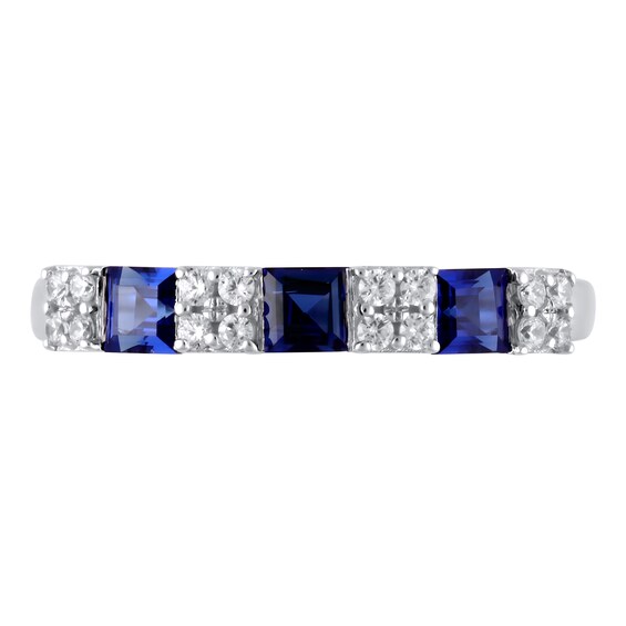 Princess-Cut Blue Sapphire and 1/6 CT. T.w. Diamond Quad Three Stone Alternating Ring in 10K White Gold