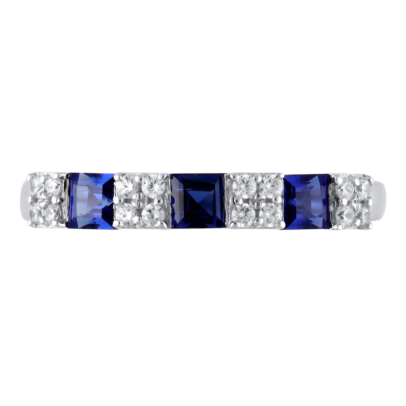 Main Image 3 of Princess-Cut Blue Sapphire and 1/6 CT. T.W. Diamond Quad Three Stone Alternating Ring in 10K White Gold